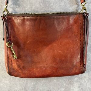Vintage Fossil Bag Brown Pebble Leather Explorer Crossbody Purse Hobo Key Charm